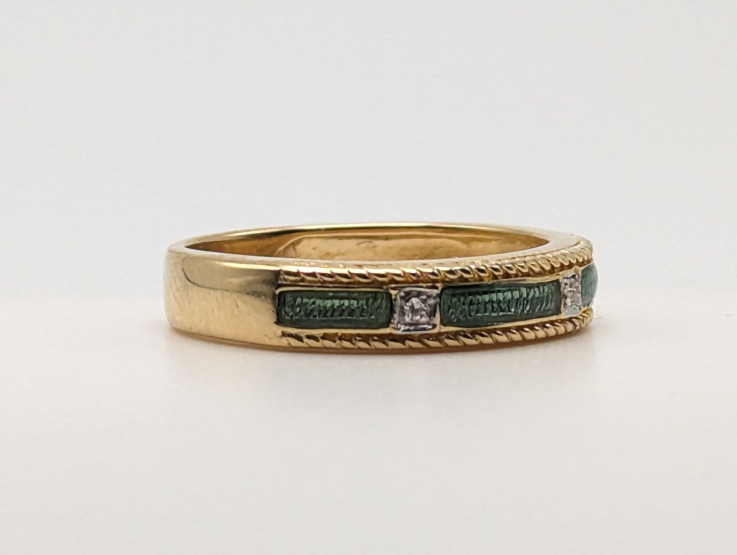 14k Green Enamel Bezel Set Diamond Ring. 14k Diamond Bezel Set Ring. 14k Green Enamel Ring.