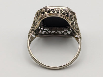 Allsop Brothers 1900s White Gold 18k Art Deco Black Onyx Ring. Midnight Black Onyx Ring Pinky Onyx Ring