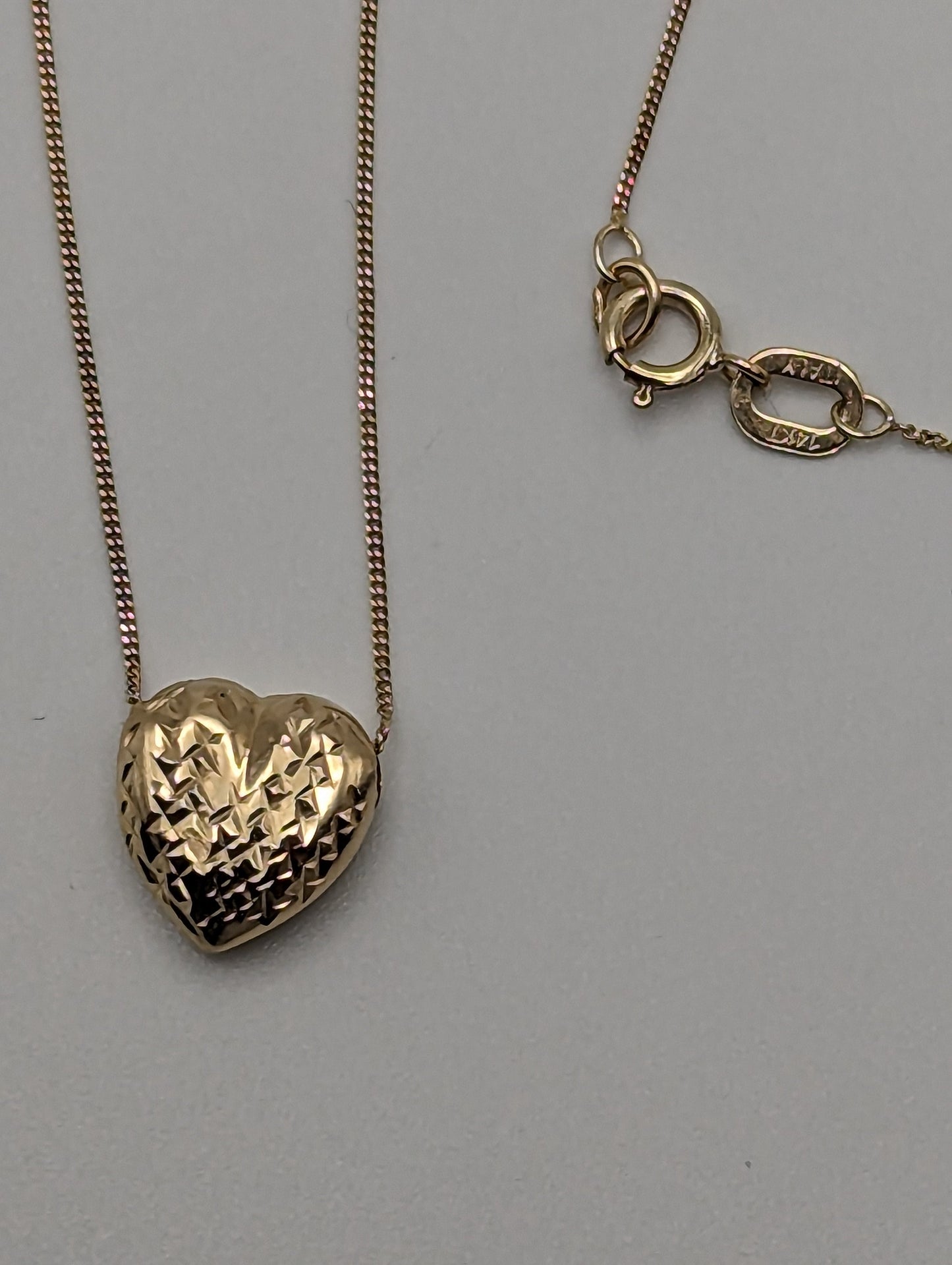 JCM Italy 14k Yellow Gold Box Chain w Heart Pendant Heart Necklace Italian Gold Heart Slide Pendant. Chain