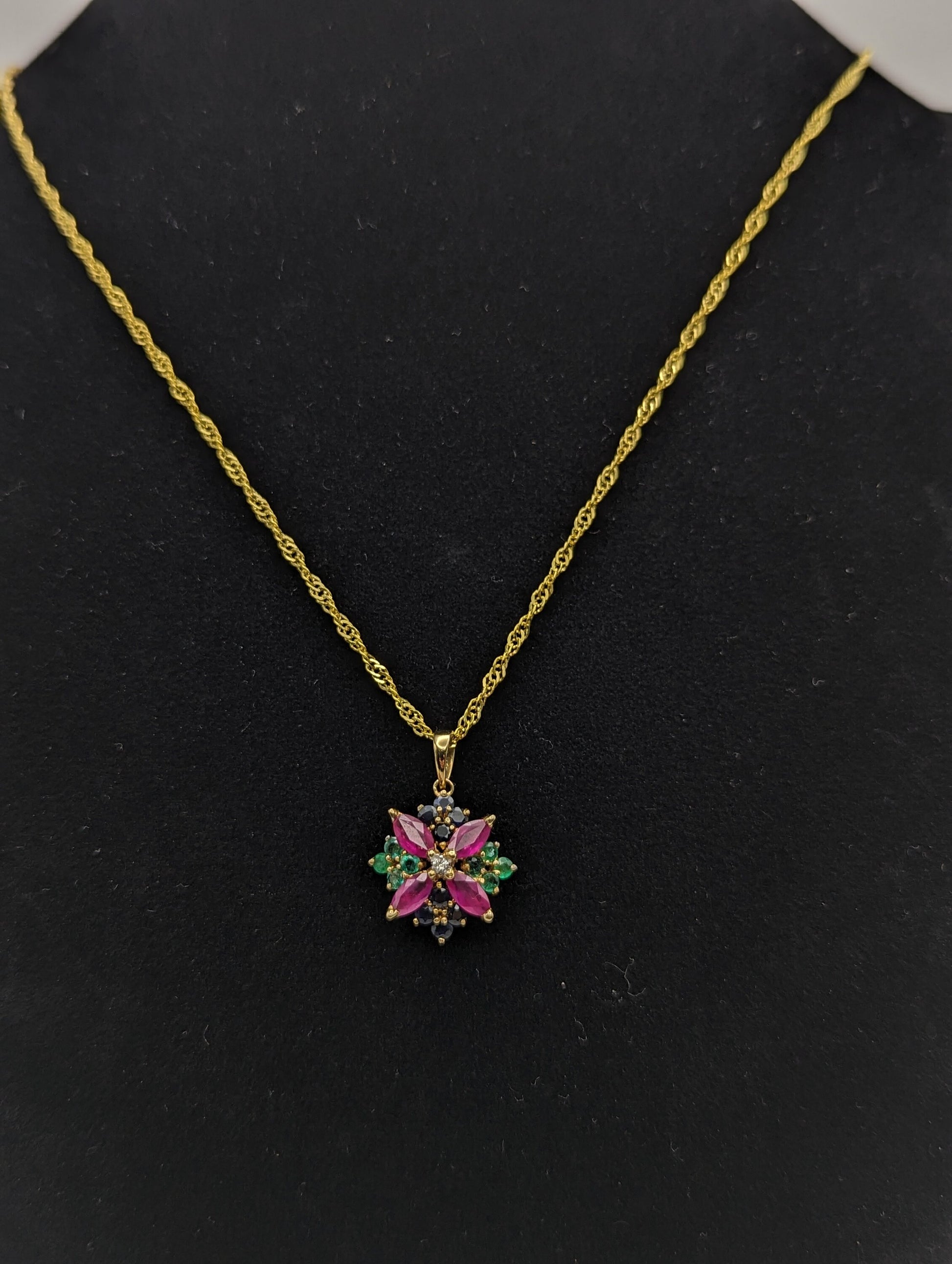 14k Ruby Sapphire Diamond Emerald Flower Pendant. 14k Yellow Gold Multi Gem Daisy Necklace + 18k GP Necklace