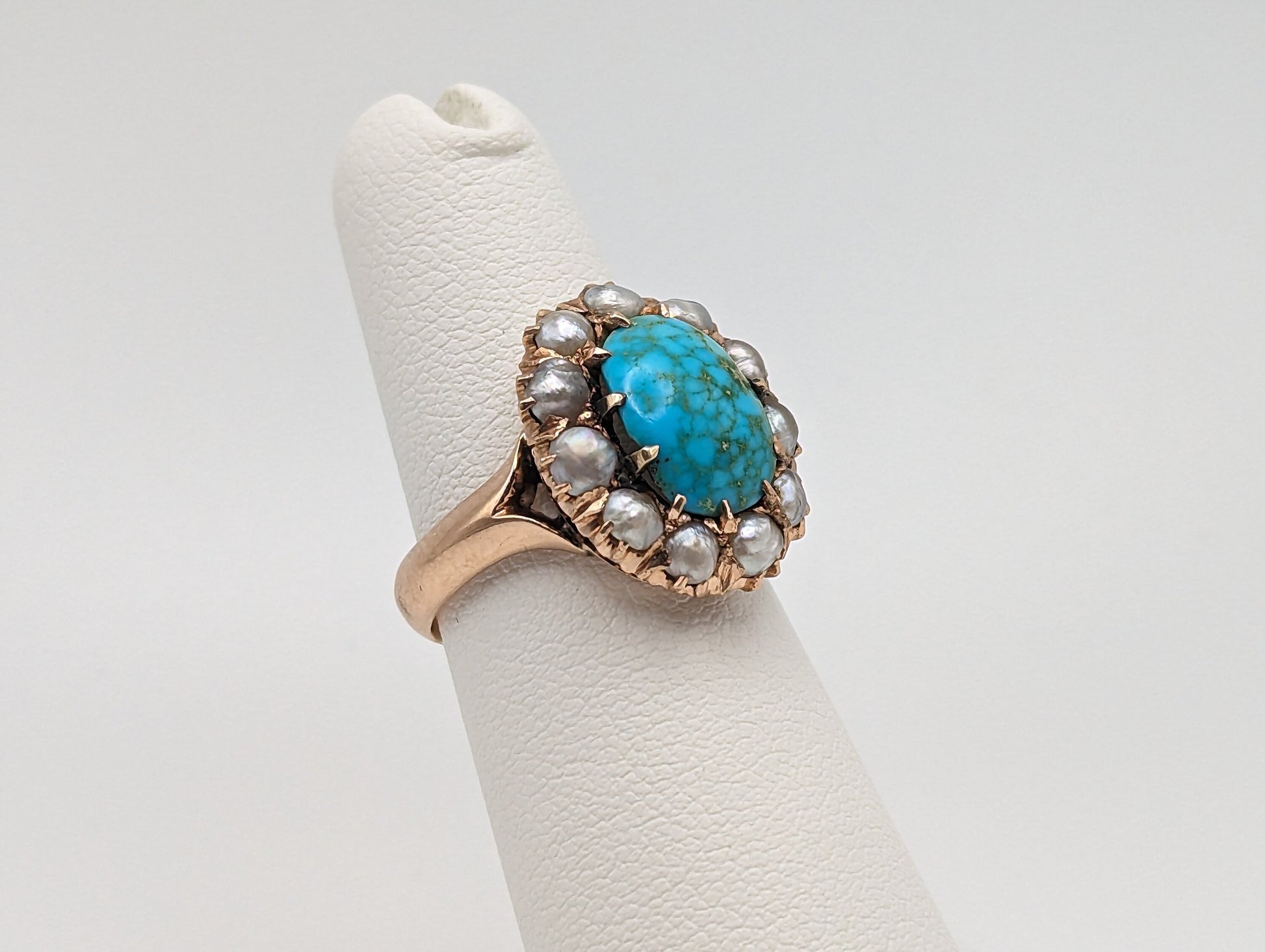 Antique 10k Turquoise Rose Gold Halo Blister Pearls Ring. Turquoise Rose Gold Ring. Antique Art Deco Turquoise Ring