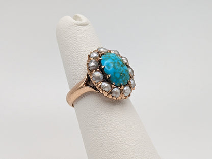 Antique 10k Turquoise Rose Gold Halo Blister Pearls Ring. Turquoise Rose Gold Ring. Antique Art Deco Turquoise Ring