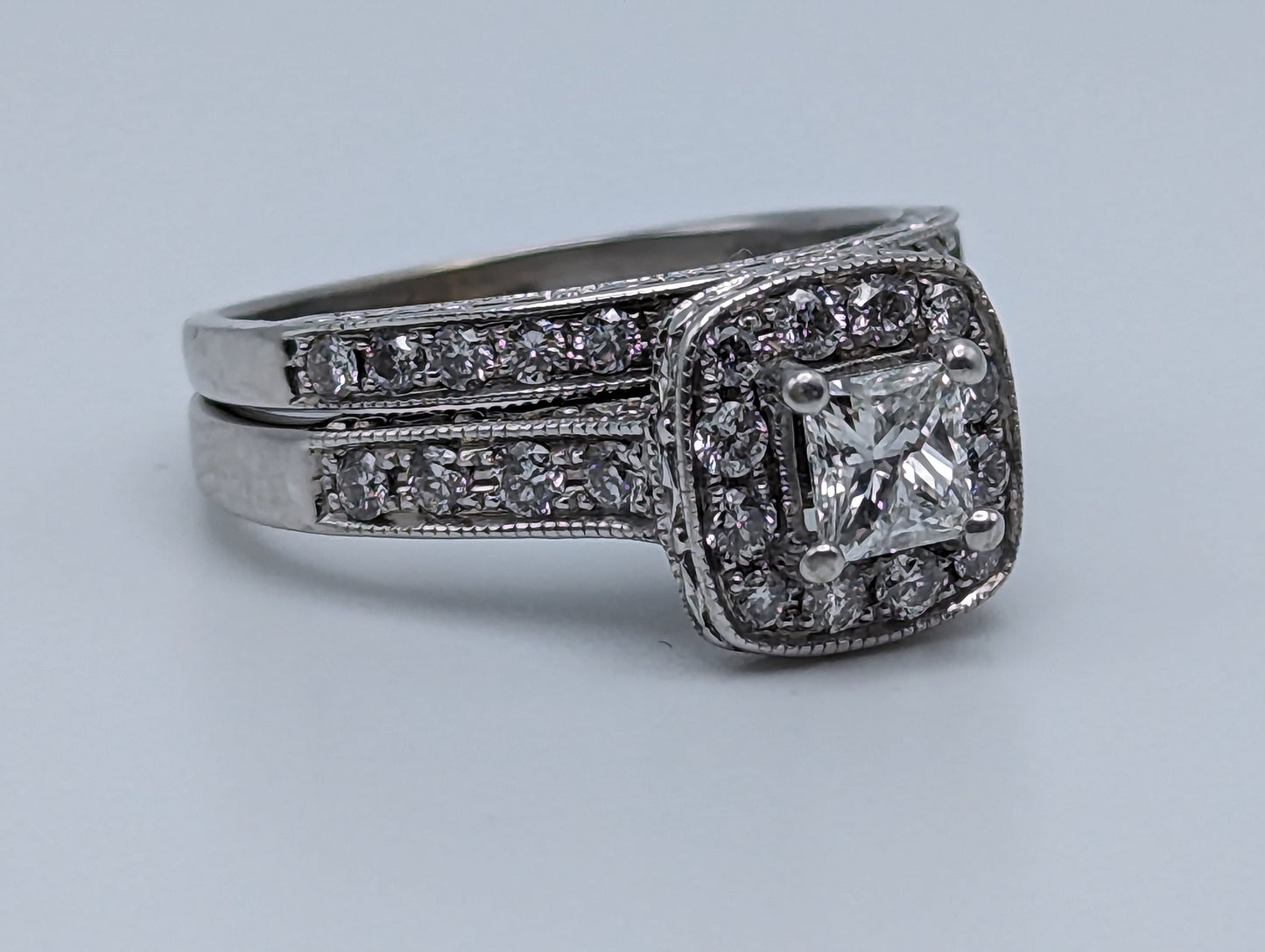 14k White Gold Diamond Wedding Set 1.45ctw Diamond w/Appraisal. 14k Princess Cut 1/2 ct Center Diamond Bridal Set.