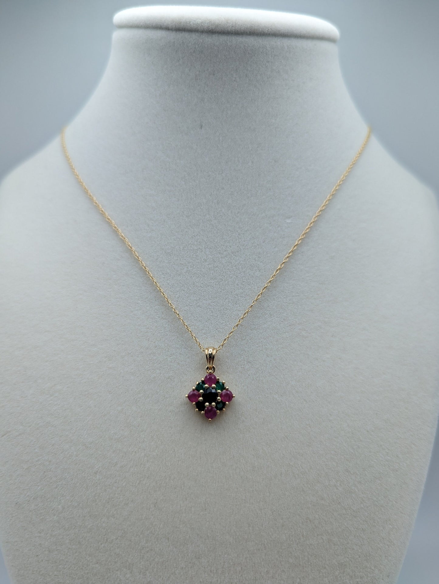 14k Sapphire Emerald Ruby Cluster Necklace. 14k Multi-Gem Cluster Chain. 14k Sapphire Emerald Ruby Flower Necklace.