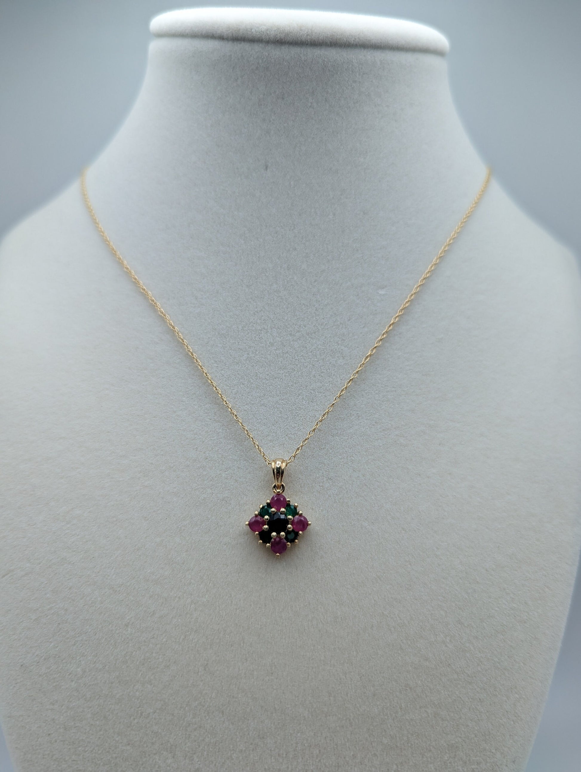 14k Sapphire Emerald Ruby Cluster Necklace. 14k Multi-Gem Cluster Chain. 14k Sapphire Emerald Ruby Flower Necklace.