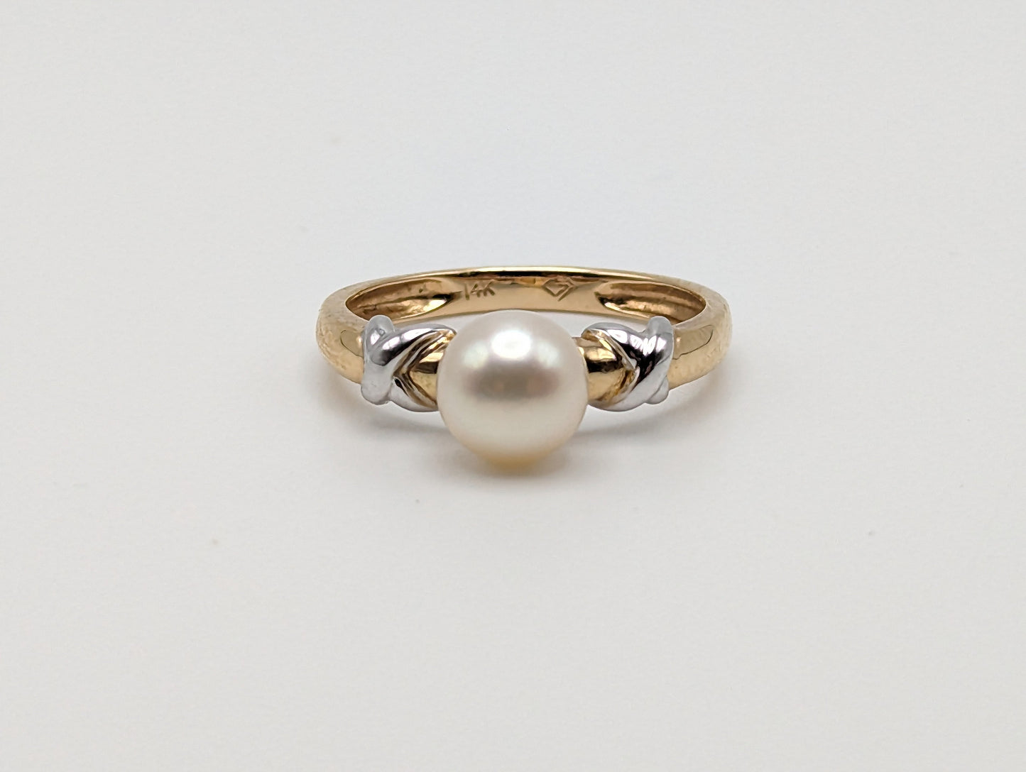 Yellow White Gold 14k XO Pearl Ring Multi-Gold Womens Pearl Ring. 10K Solitaire Pearl Ring. Engagement Pearl Ring.