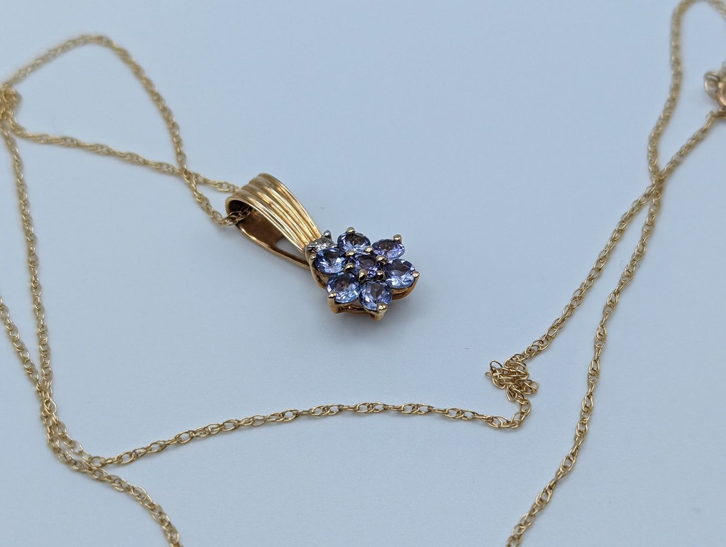 14k Yellow Gold Diamond Tanzanite Daisy Flower Pendant Necklace. 14k Tanzanite Flower Pendant + Chain. 14k Tanzanite Flower Necklace.