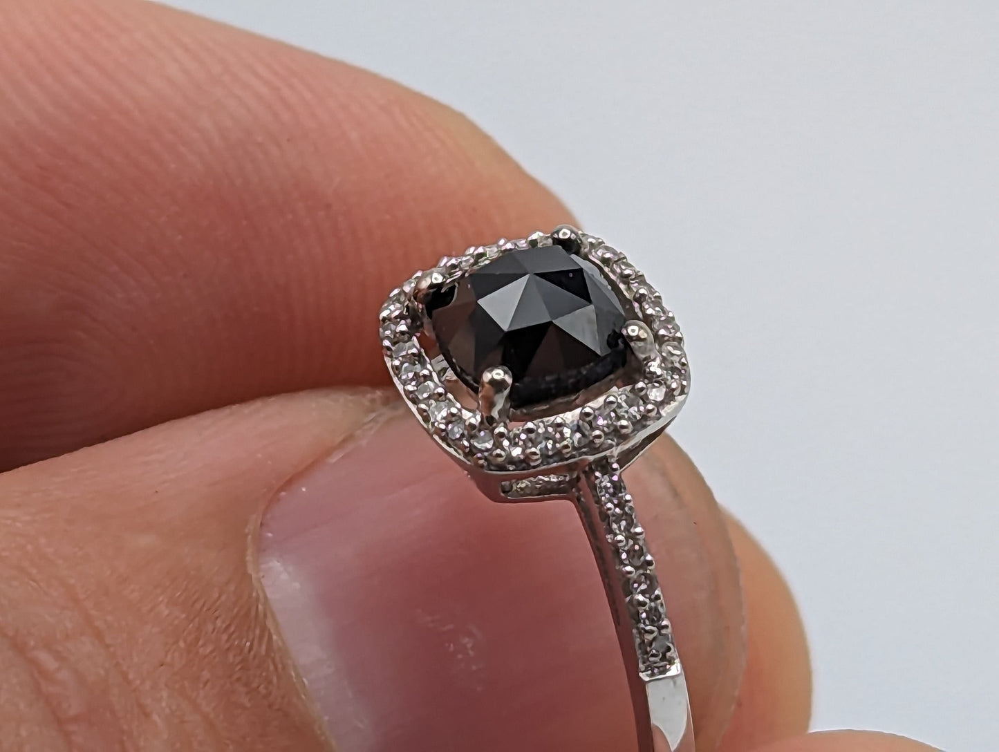 14k White Gold Black Cushion Diamond 1ct Halo Engagement Ring Diamond White Gold Ring White Gold Promise Ring