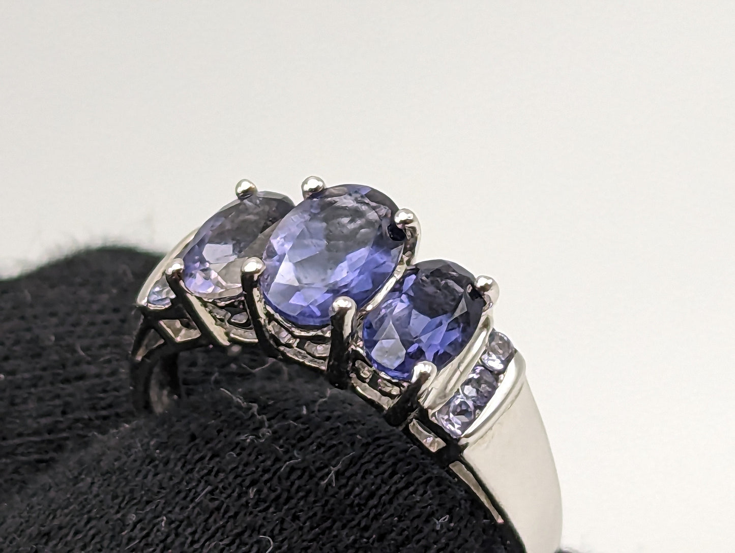 White Gold 10k Three Stone Tanzanite Ring. 10k White Gold Womens Past Future and Present Ring.