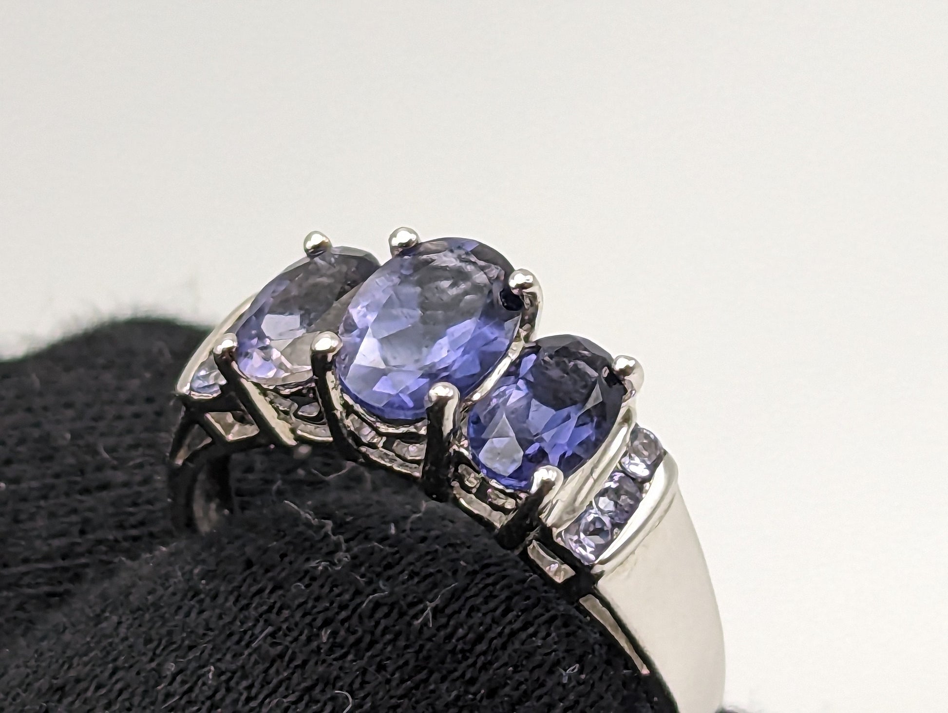 White Gold 10k Three Stone Tanzanite Ring. 10k White Gold Womens Past Future and Present Ring.