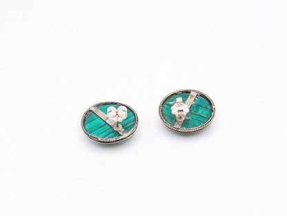 Vintage Large 10k Victorian Round Malachite Earrings. 10k Malachite Earrings. Round Malachite Earrings.