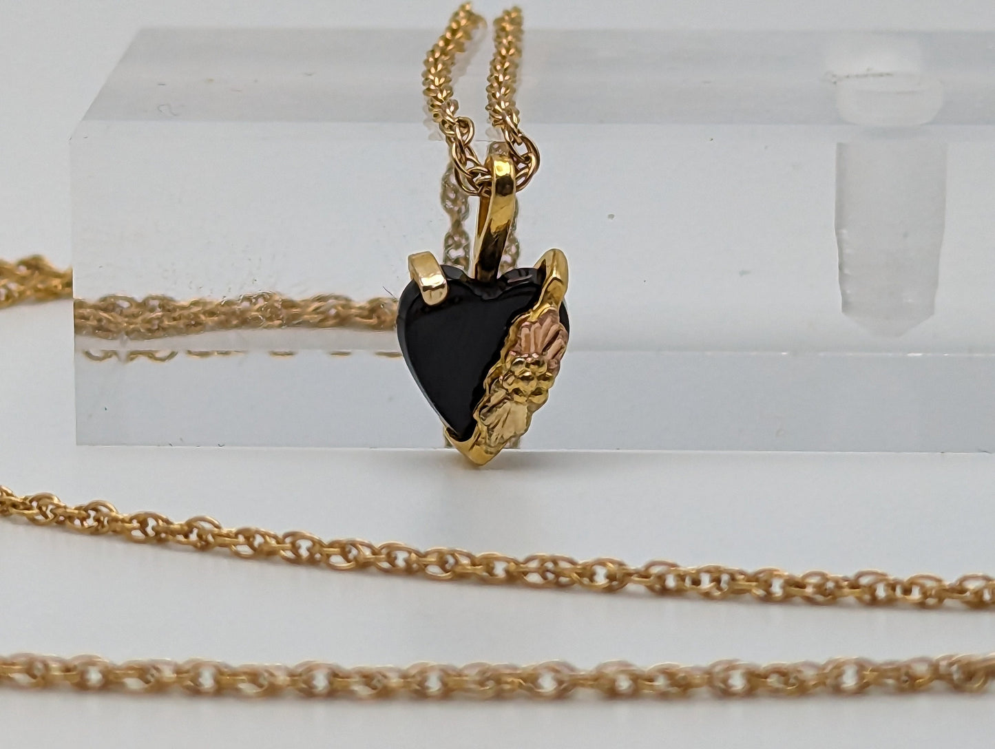 10k 12k Black Hills Gold Rose Gold Vine Onyx Heart w/ GF 12k Necklace. Black Hills Gold Onyx Heart Necklace.