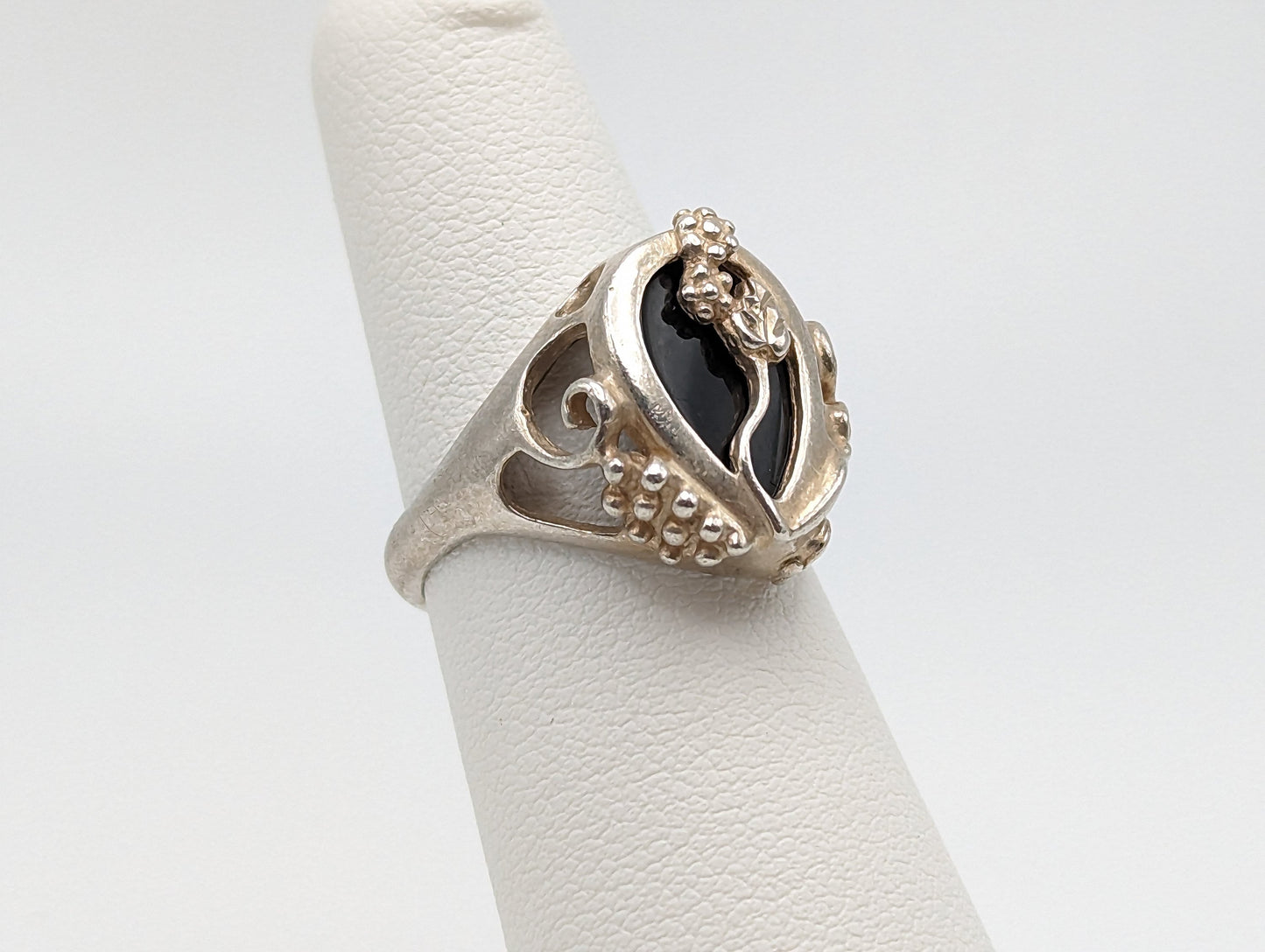 Heavy Sterling Silver Grape Vine Black Hills Gold Onyx Tear Shaped Flower Ring. Black Hills Gold Vine Ring. Signet Silver Ring.