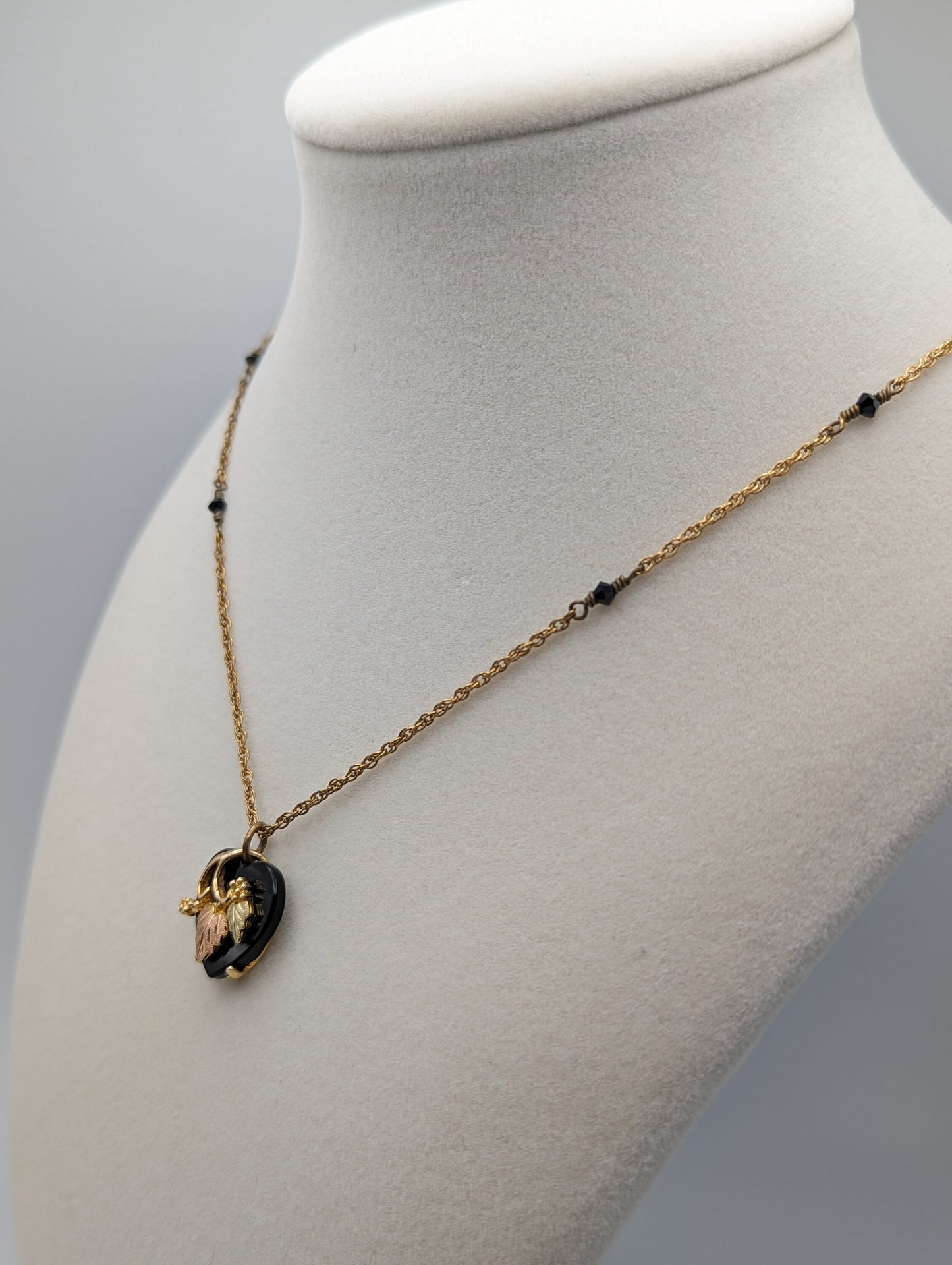 10k 12k Black Hills Gold Rose Gold Vine Onyx Heart Pendant w/ 12k GF Necklace. BHG Onyx Heart Pendant Necklace 20 "