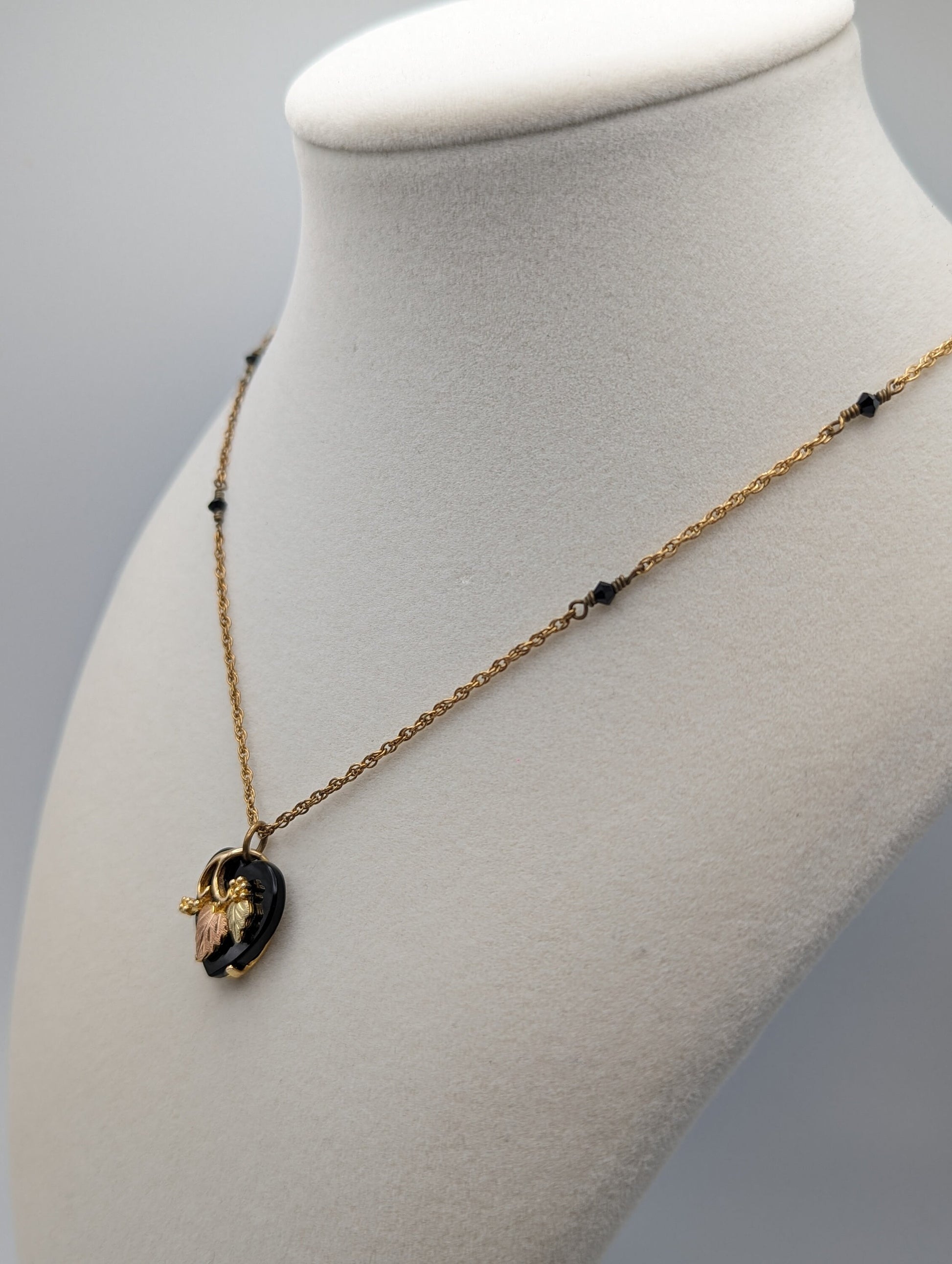 10k 12k Black Hills Gold Rose Gold Vine Onyx Heart Pendant w/ 12k GF Necklace. BHG Onyx Heart Pendant Necklace 20 "