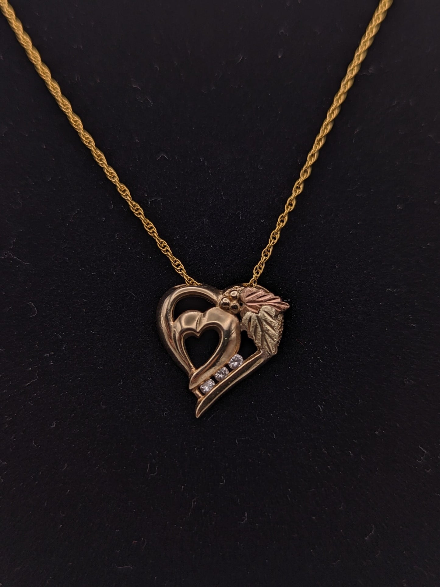 10k Black Hills Rose Gold Diamond Heart Pendant w Necklace 14K GF Chain 18"