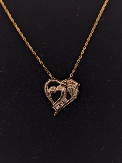 10k Black Hills Rose Gold Diamond Heart Pendant w Necklace 14K GF Chain 18"