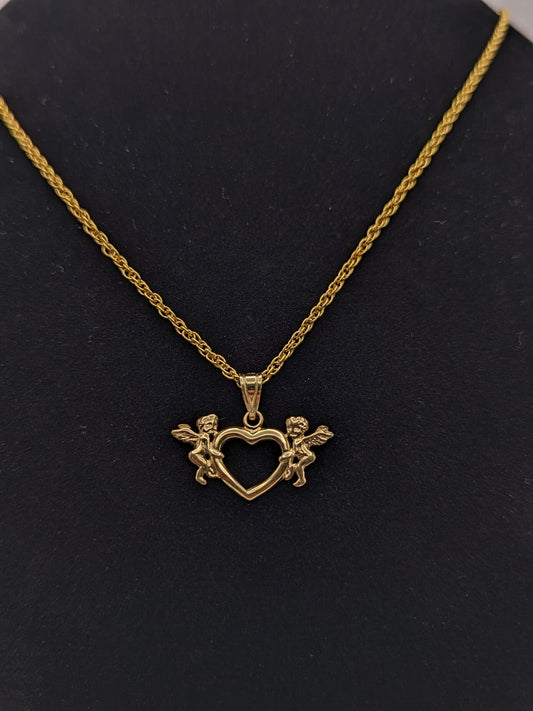 14K Yellow Gold Heart Angles Pendant Necklace 14k GF 18" Chain Heart Pendant Women