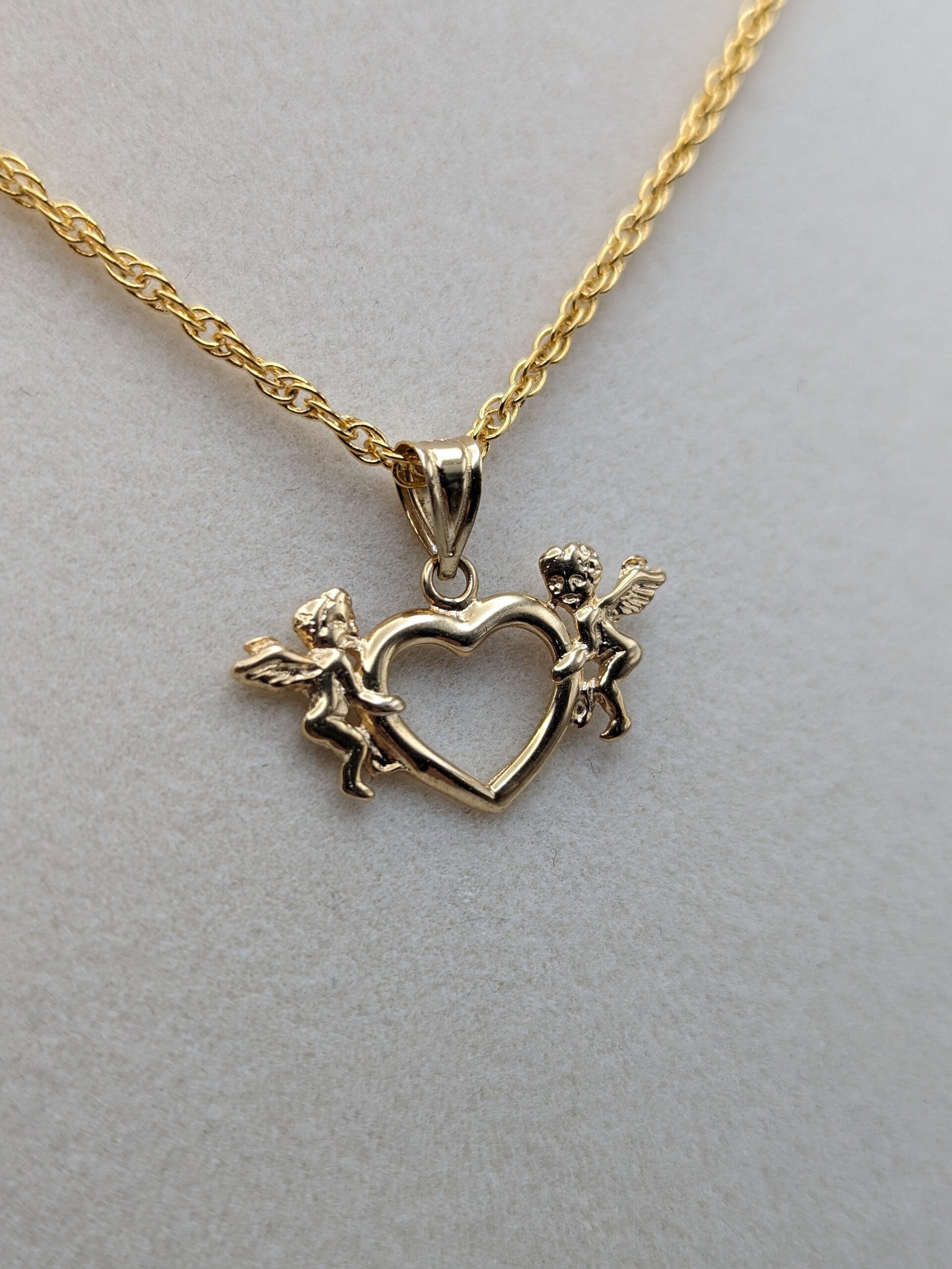 14K Yellow Gold Heart Angles Pendant Necklace 14k GF 18" Chain Heart Pendant Women