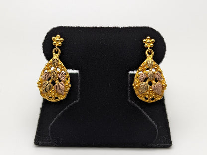 Large 10k 12k Black Hills Gold 3.9gr Traditional Gold Vine Flower Tear Shaped Earrings