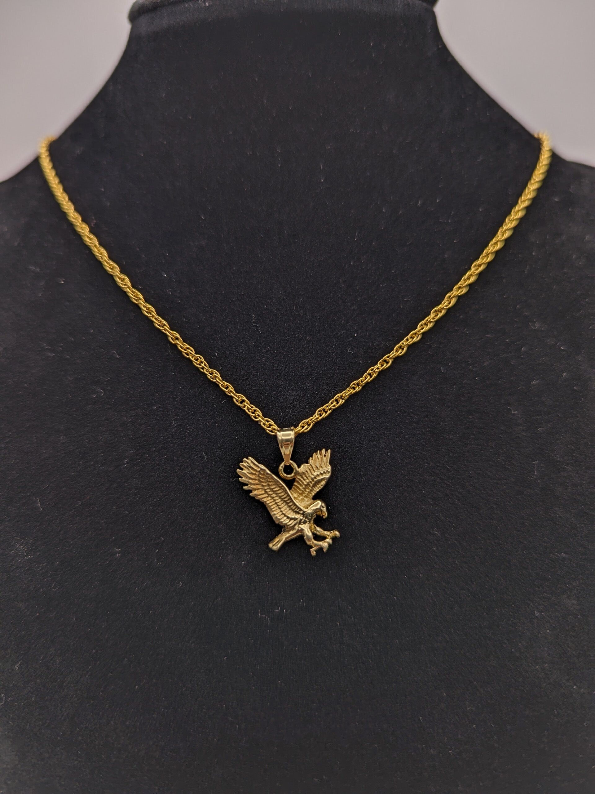 14k Yellow Gold Eagle Pendant Necklace. Solid Gold Eagle Aguila Charm Pendant.