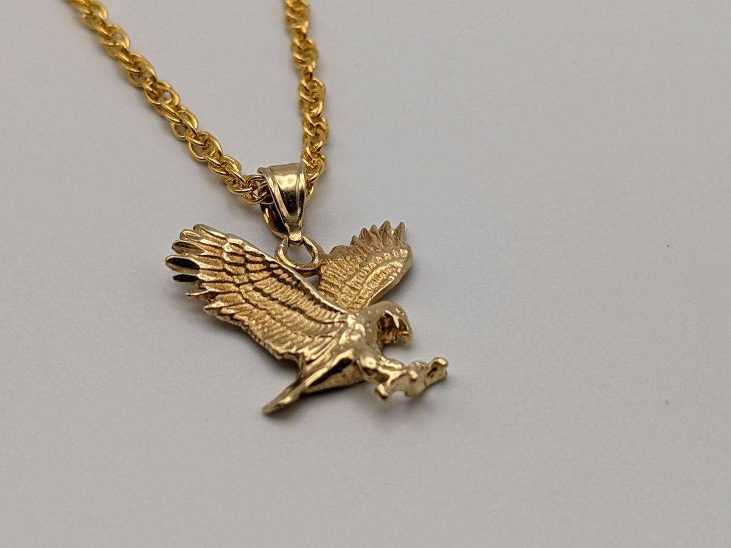 14k Yellow Gold Eagle Pendant Necklace. Solid Gold Eagle Aguila Charm Pendant.