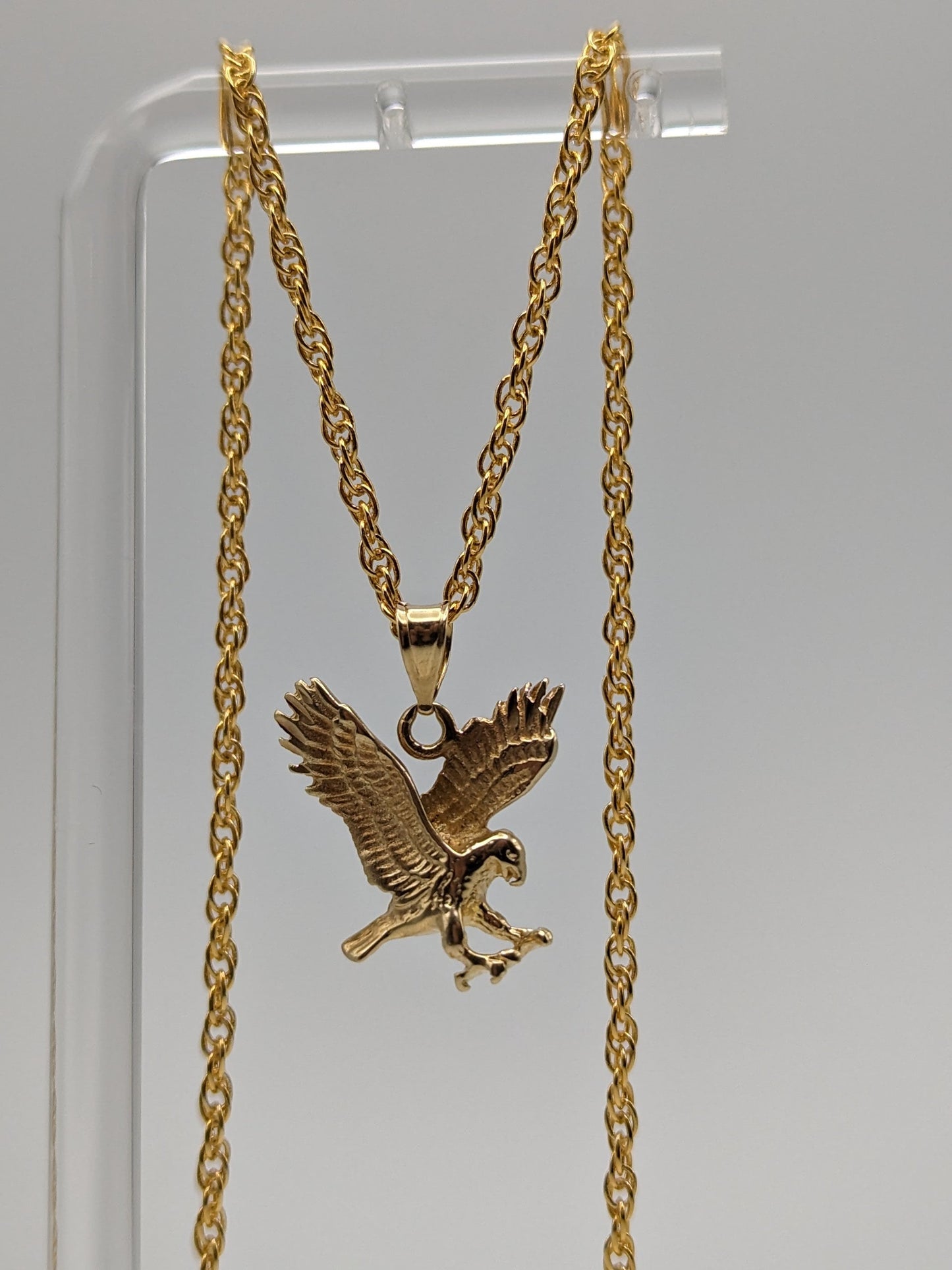 14k Yellow Gold Eagle Pendant Necklace. Solid Gold Eagle Aguila Charm Pendant.