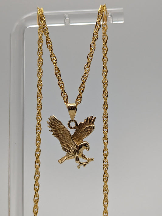 14k Yellow Gold Eagle Pendant Necklace. Solid Gold Eagle Aguila Charm Pendant.