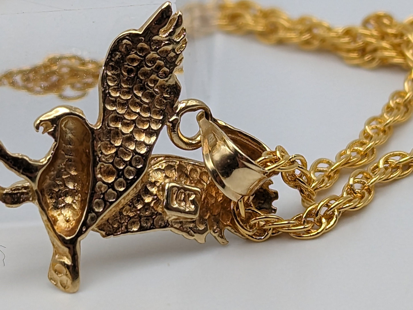 14k Yellow Gold Eagle Pendant Necklace. Solid Gold Eagle Aguila Charm Pendant.