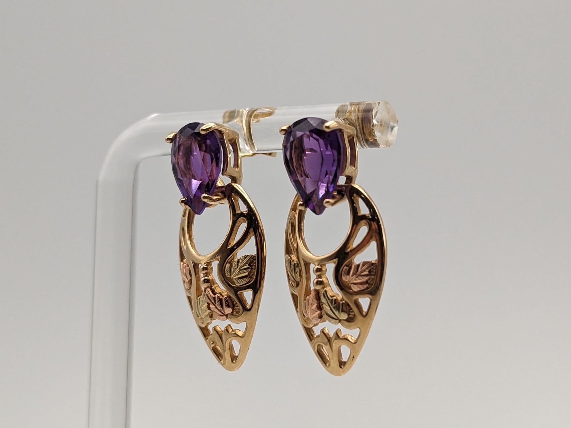 10k 12k Black Hills Gold Traditional Amethyst Gold Vine Dangle Earrings Trio Gold Vine Leaf Amethyst Tear Drop Earrings