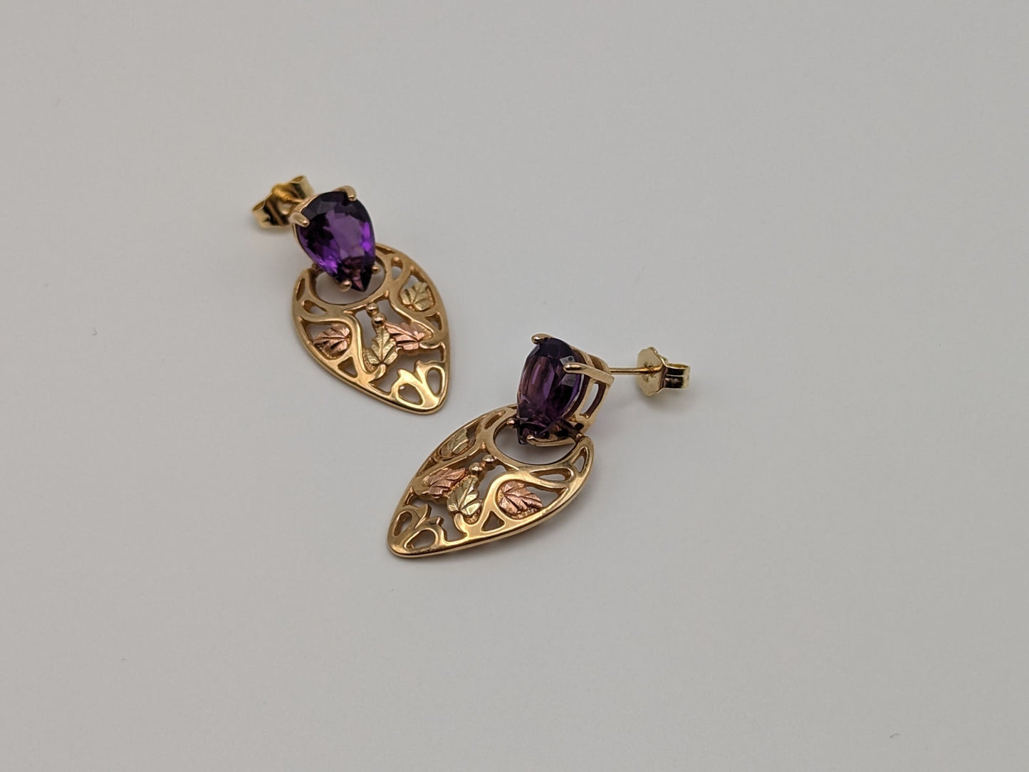 10k 12k Black Hills Gold Traditional Amethyst Gold Vine Dangle Earrings Trio Gold Vine Leaf Amethyst Tear Drop Earrings