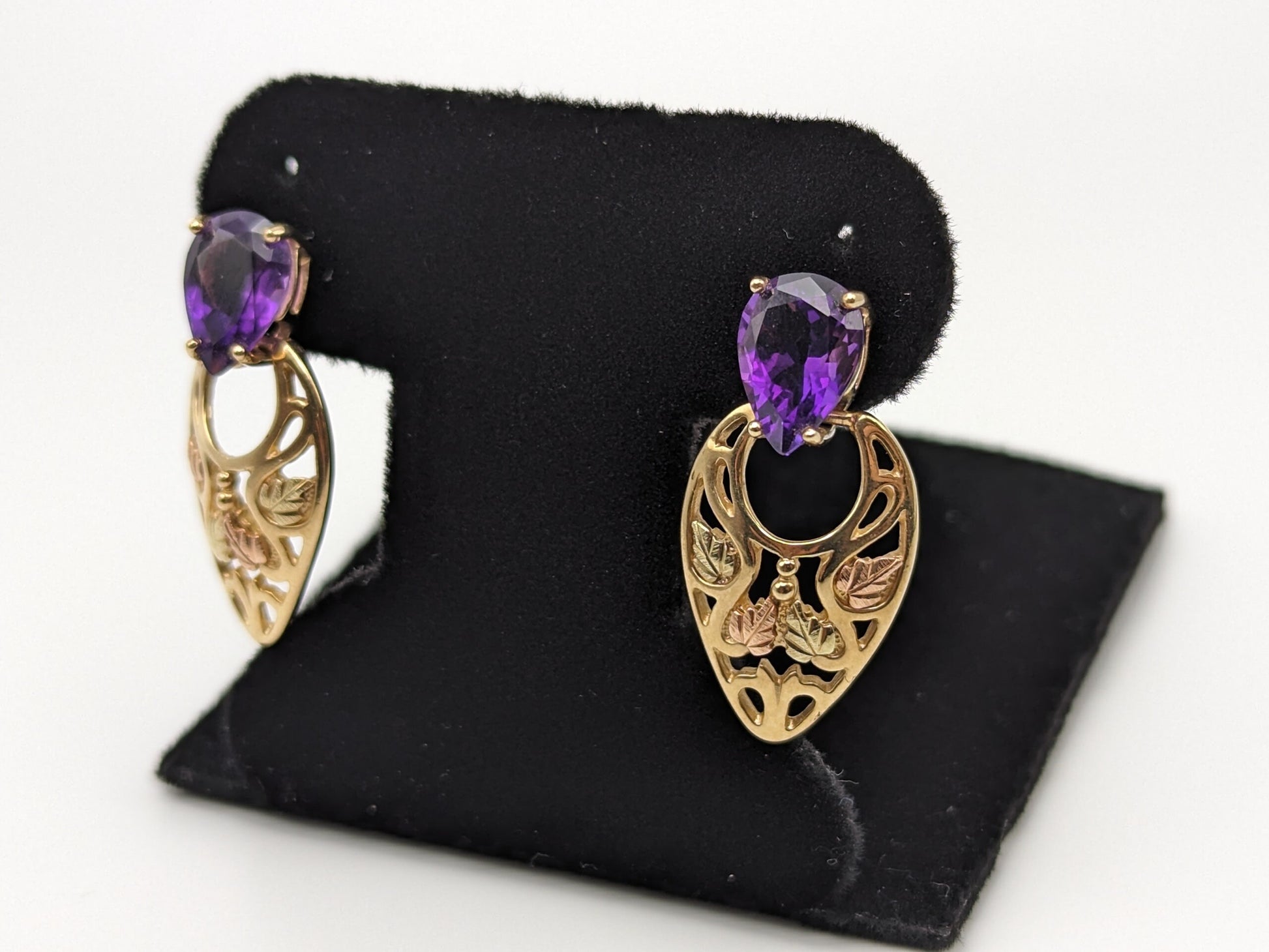 10k 12k Black Hills Gold Traditional Amethyst Gold Vine Dangle Earrings Trio Gold Vine Leaf Amethyst Tear Drop Earrings