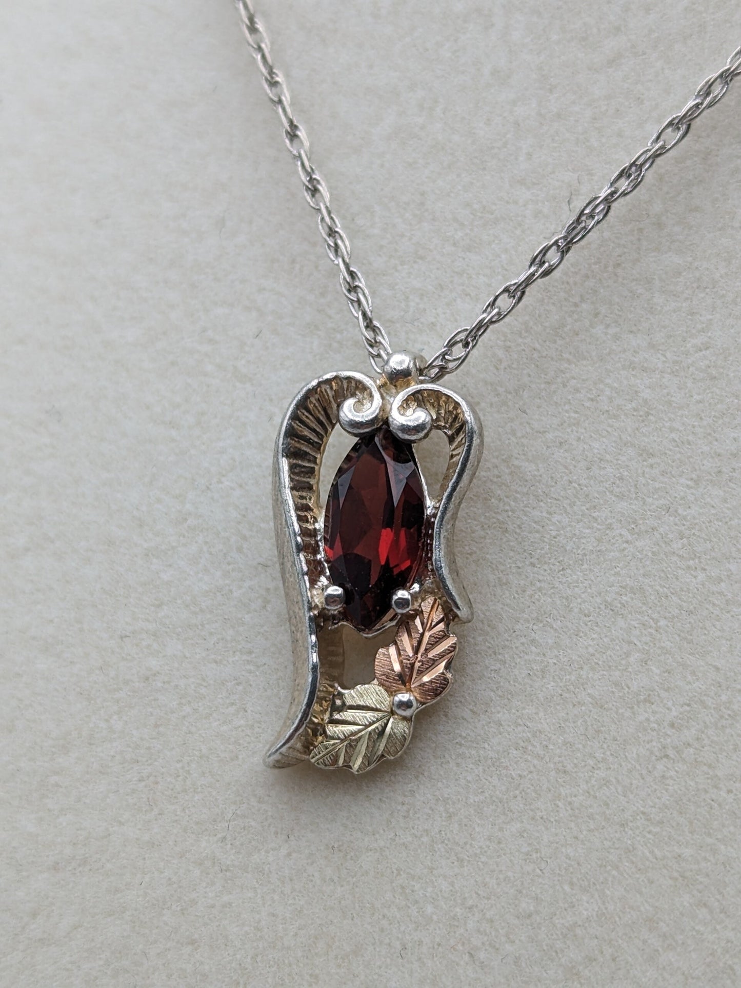 10k 12k Black Hills Gold Sterling Silver Garnet w Gold Heart VinePendant Garnet Necklace Silver Chain Pendant 14" Chain