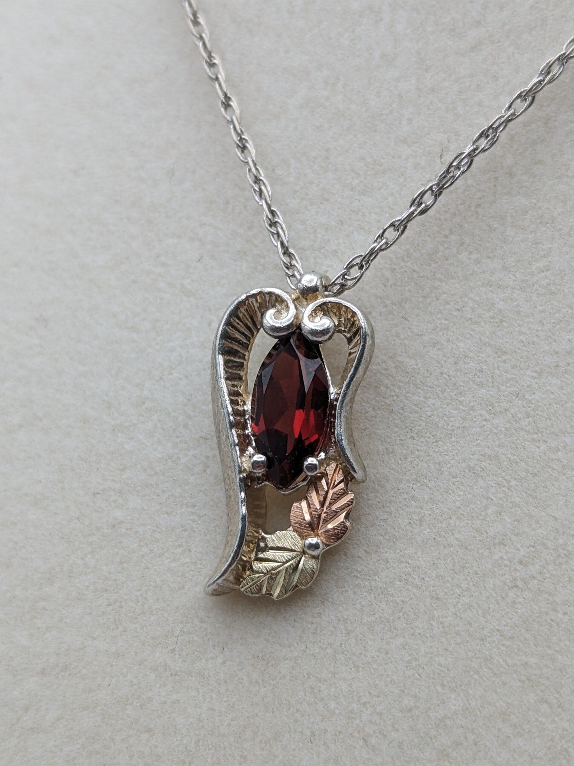 10k 12k Black Hills Gold Sterling Silver Garnet w Gold Heart VinePendant Garnet Necklace Silver Chain Pendant 14" Chain