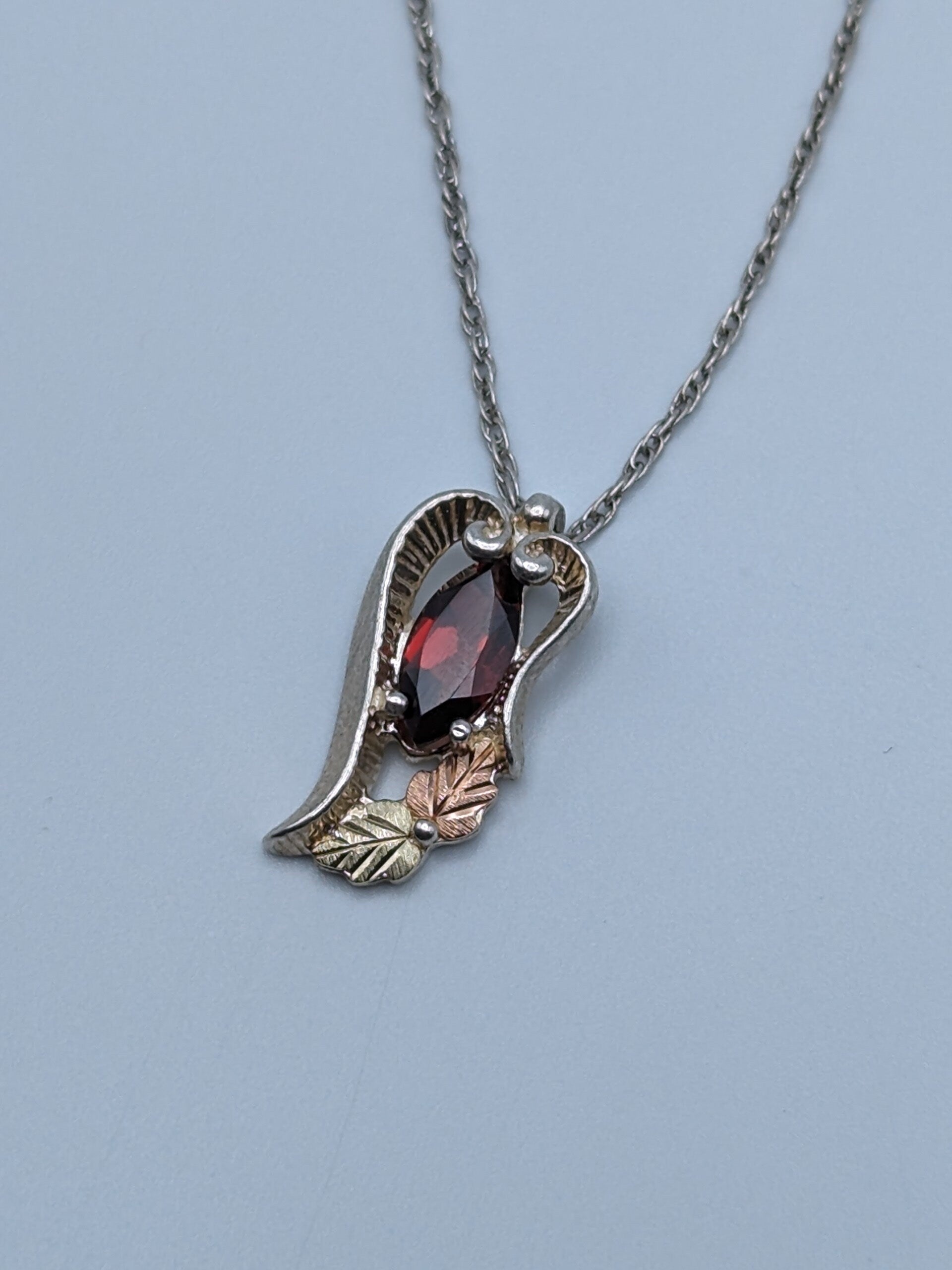10k 12k Black Hills Gold Sterling Silver Garnet w Gold Heart VinePendant Garnet Necklace Silver Chain Pendant 14" Chain