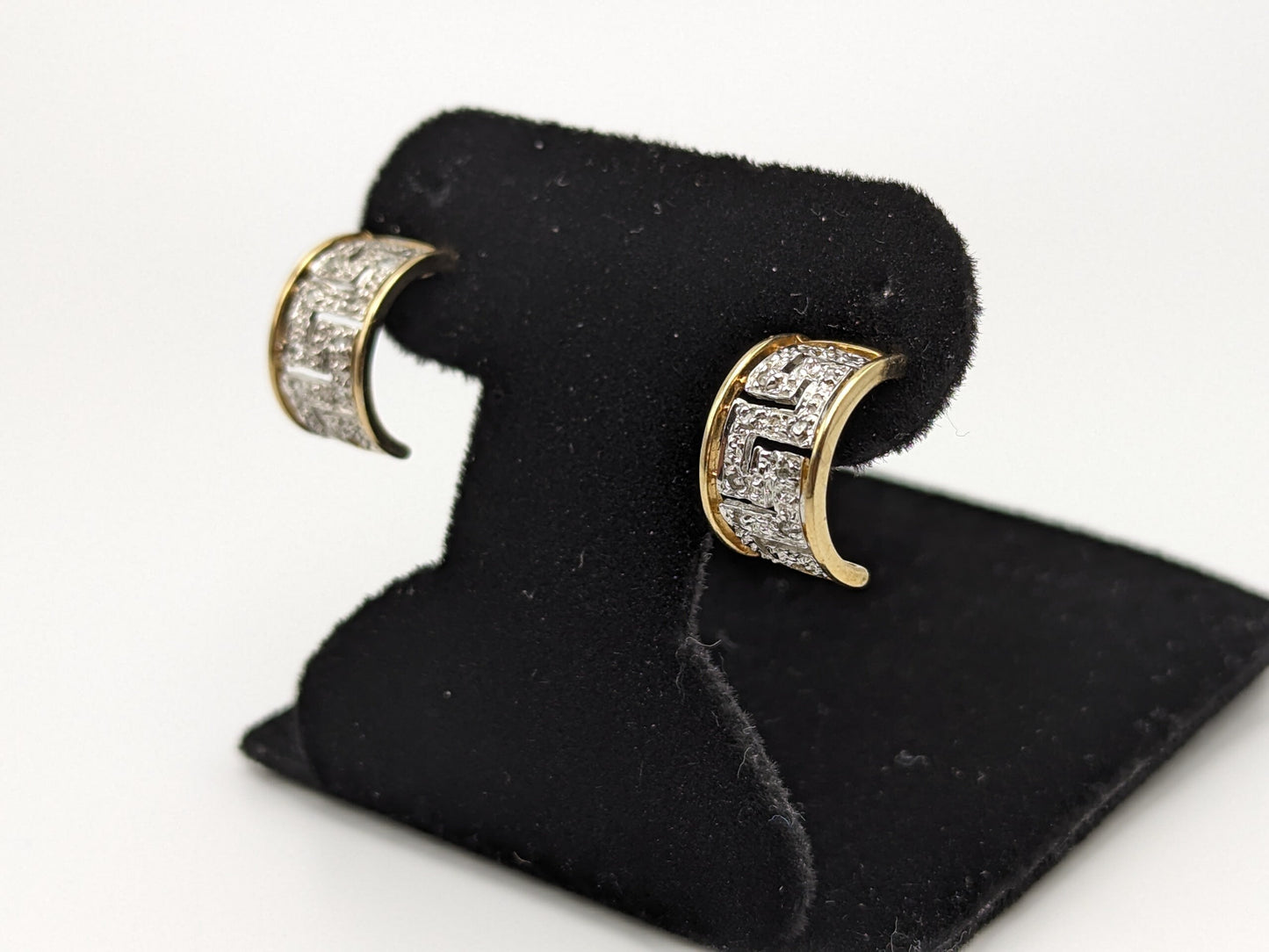 10k Gold Hoop Greek Key Diamond Huggie Earrings. Diamond Hoops Huggies