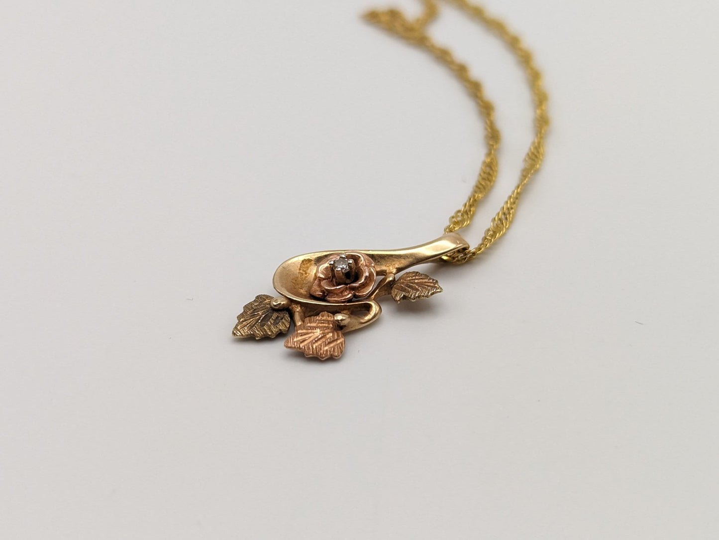 10k 12k Black Hills Rose Gold Leaf & Vine Diamond Pendant Necklace. 10k Black Hills Gold Rose Vine Necklace Pendant