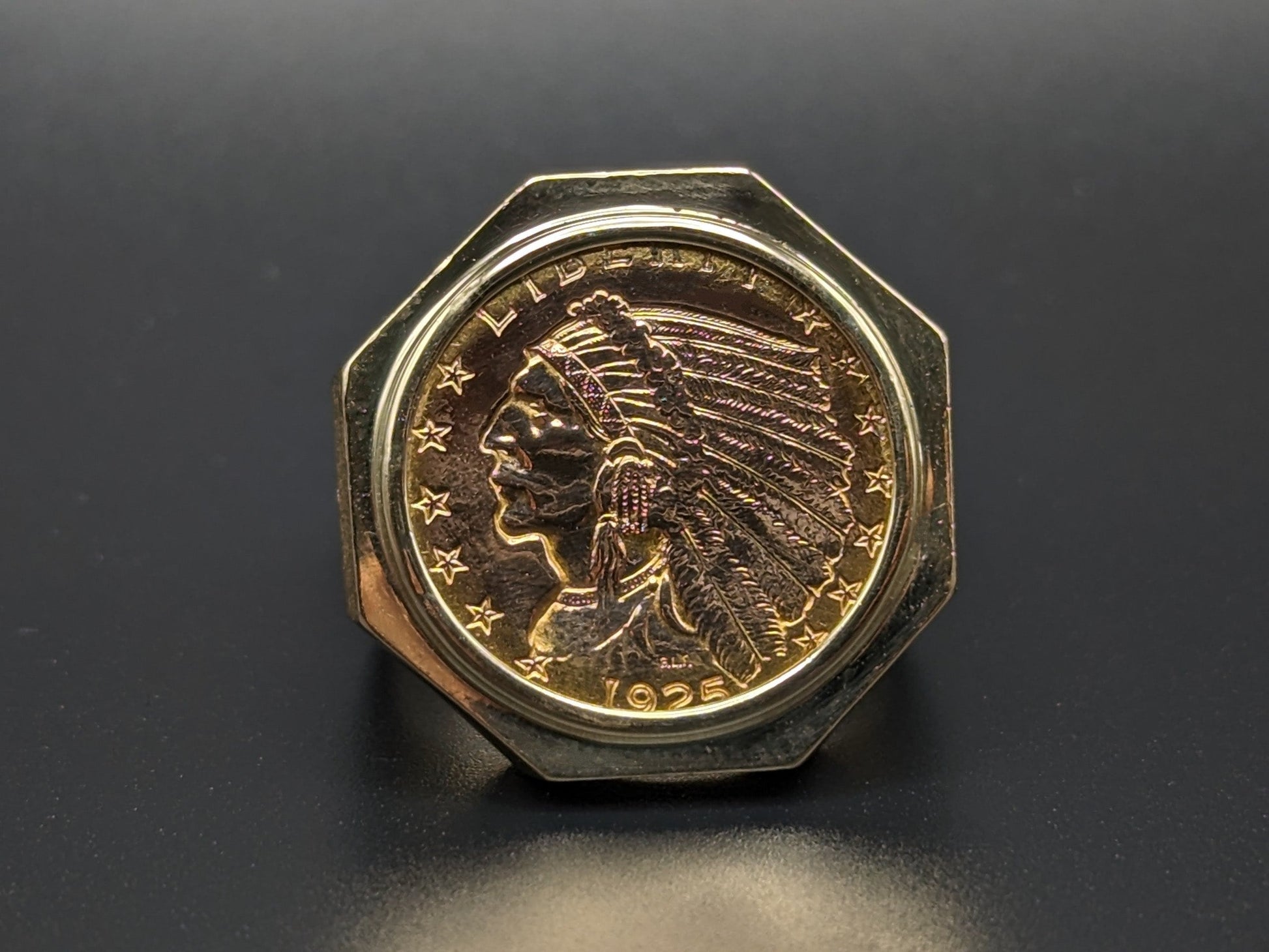 Heavy 15gr 14k Gold 2.5 Dollar 1925 Indian Head Gold Coin Ring Dollar 1925 statement Ring