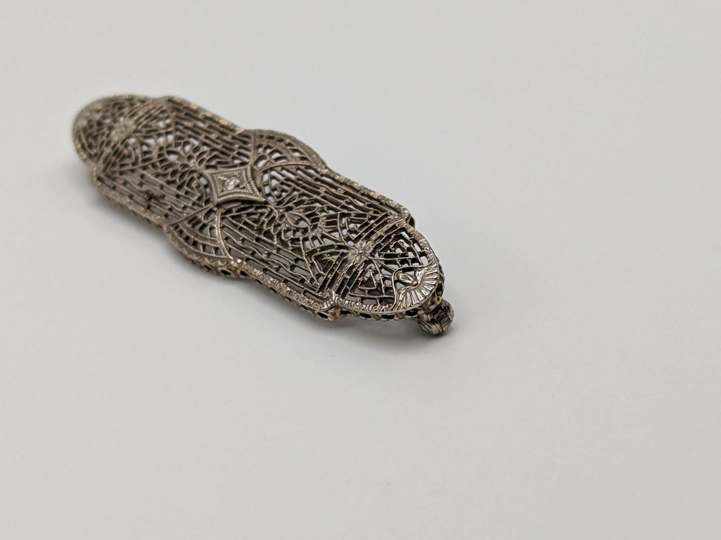 10k White Gold Diamond Filigree Brooch Pin