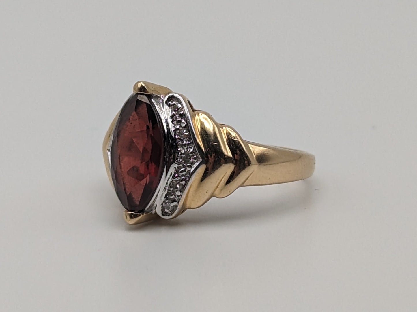 14k Yellow Gold Marquise Cut Garnet Diamonds Ring Statement Cocktail Wedding band.