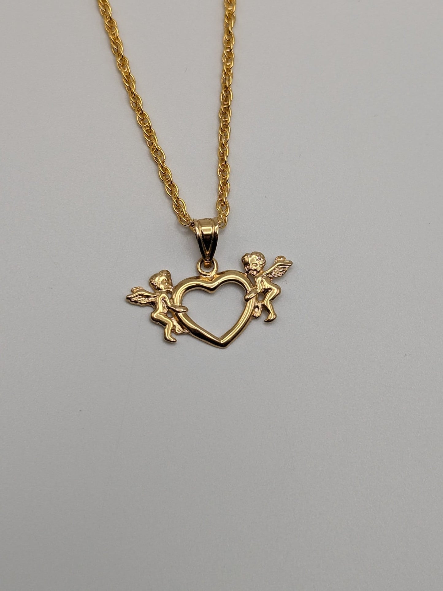 14K Yellow Gold Heart Angles Pendant Necklace 14k GF 18" Chain Heart Pendant Women