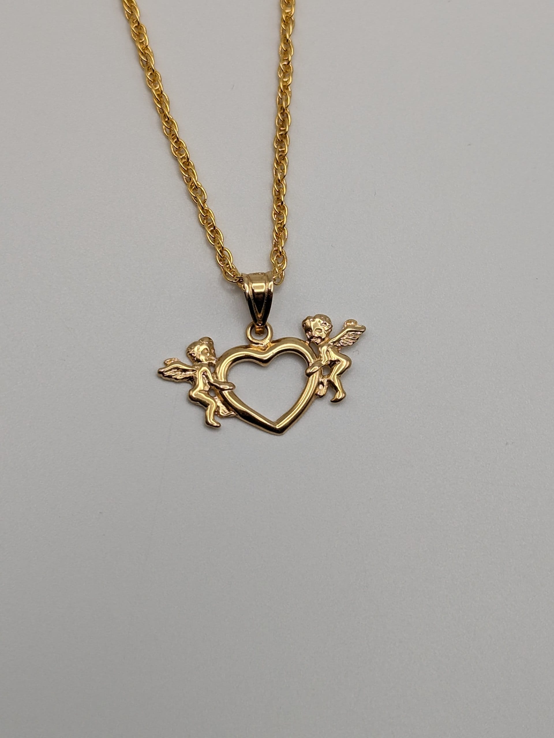 14K Yellow Gold Heart Angles Pendant Necklace 14k GF 18" Chain Heart Pendant Women