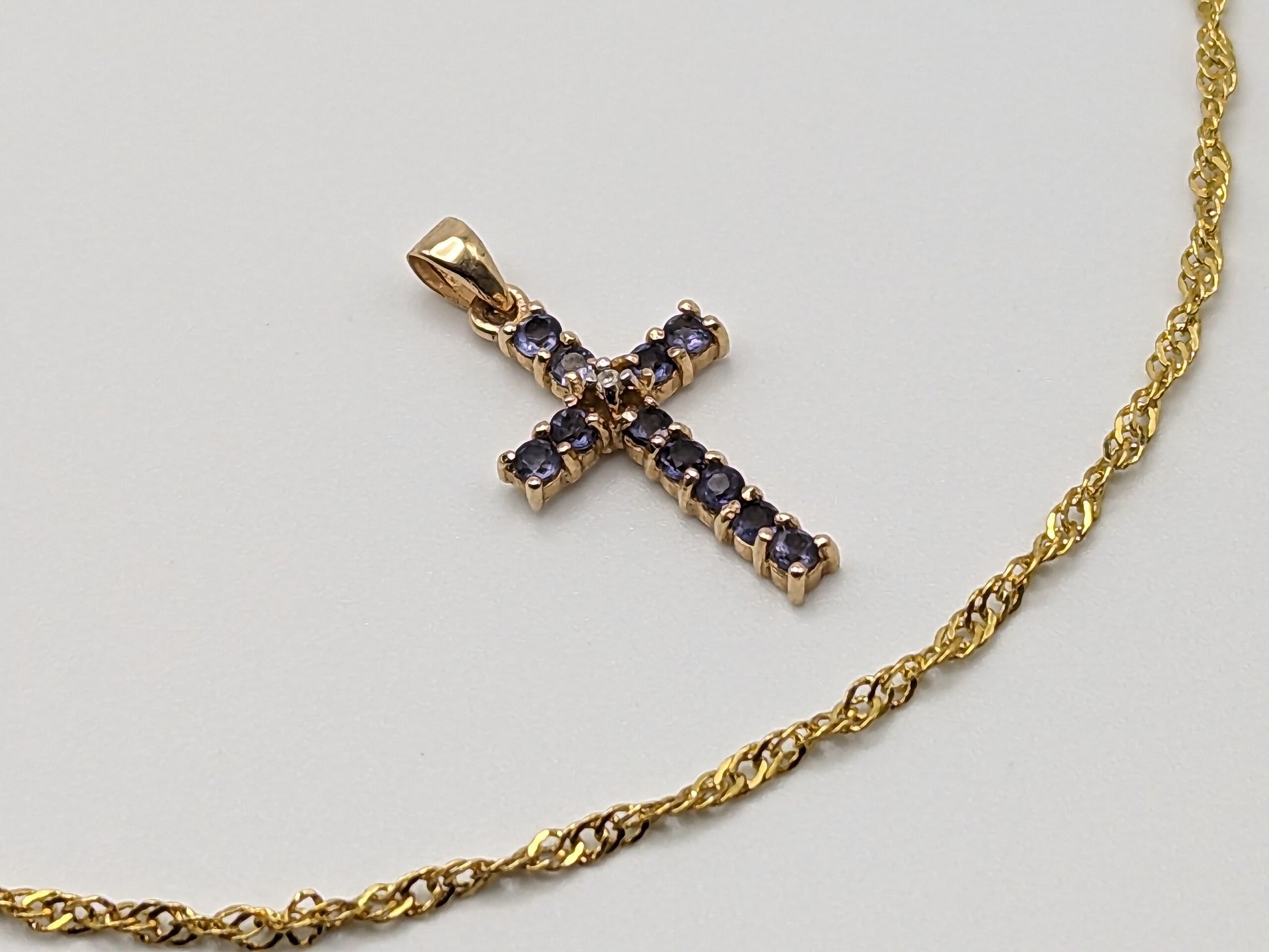 10k Yellow Gold Blue Tanzanite Diamond Cross Pendant Crucifix Gold Pendant Necklace 14k GF chain