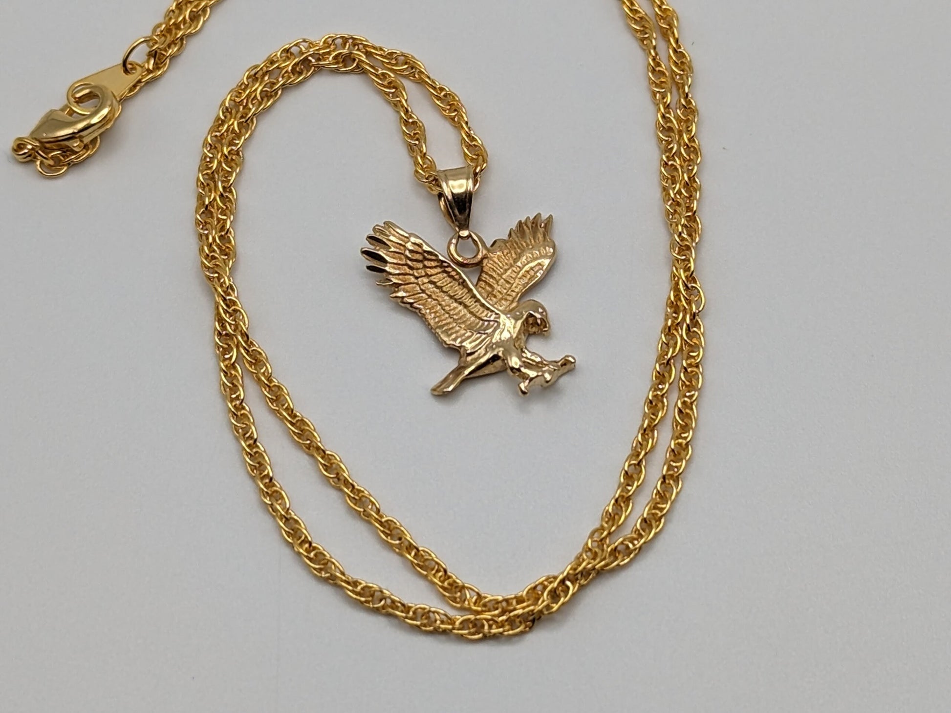 14k Yellow Gold Eagle Pendant Necklace. Solid Gold Eagle Aguila Charm Pendant.