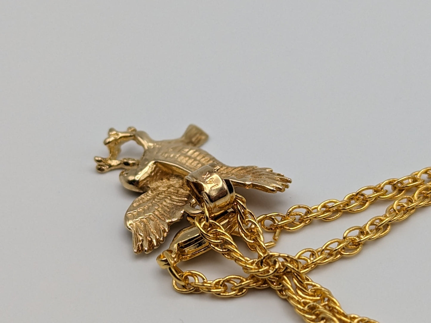 14k Yellow Gold Eagle Pendant Necklace. Solid Gold Eagle Aguila Charm Pendant.