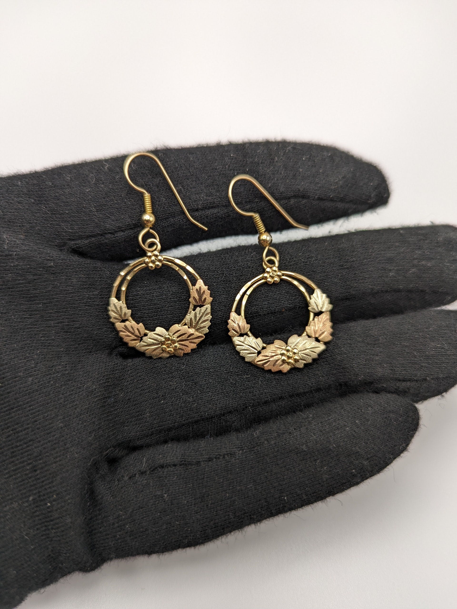 10k 12k Black Hills Gold Traditional Gold Vine Hoop Earrings Rose Gold Black Hills Gold Trio Gold Vine Wreath Leaf Earrings