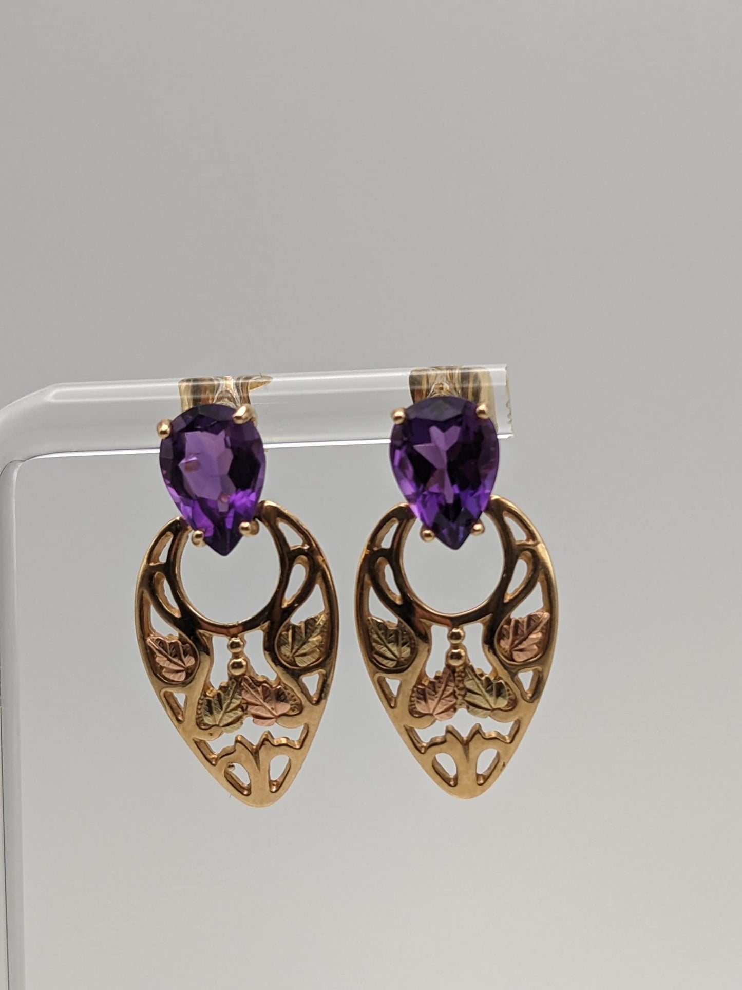 10k 12k Black Hills Gold Traditional Amethyst Gold Vine Dangle Earrings Trio Gold Vine Leaf Amethyst Tear Drop Earrings