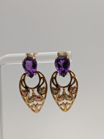 10k 12k Black Hills Gold Traditional Amethyst Gold Vine Dangle Earrings Trio Gold Vine Leaf Amethyst Tear Drop Earrings
