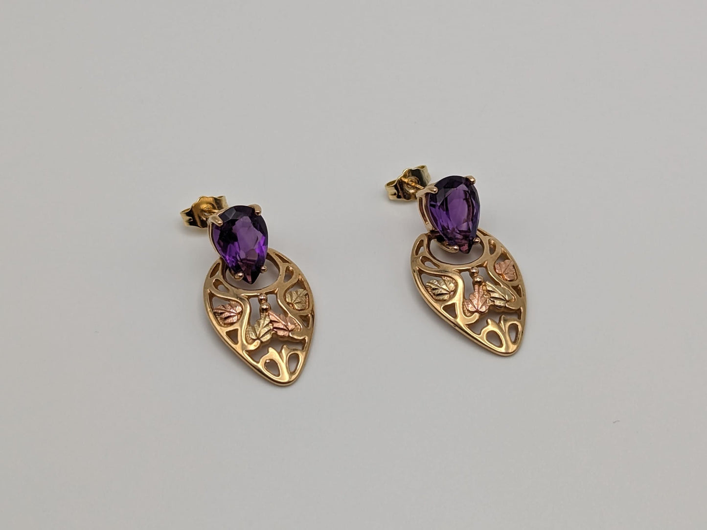 10k 12k Black Hills Gold Traditional Amethyst Gold Vine Dangle Earrings Trio Gold Vine Leaf Amethyst Tear Drop Earrings