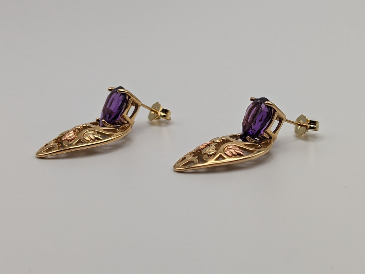 10k 12k Black Hills Gold Traditional Amethyst Gold Vine Dangle Earrings Trio Gold Vine Leaf Amethyst Tear Drop Earrings